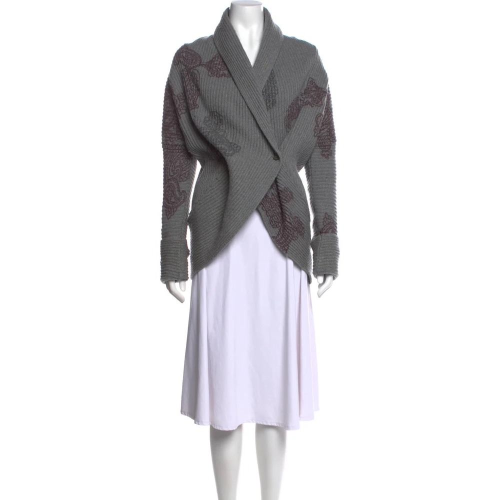 Etro Milano Grey Wool Paisley Embroidered Ribbed Shawl Cardigan Italy M/L